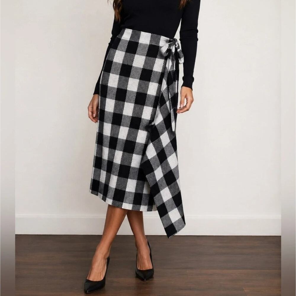 Tuckernuck Pomander Place Gingham Knit Wrap Skirt Women's L Black White Midi NEW